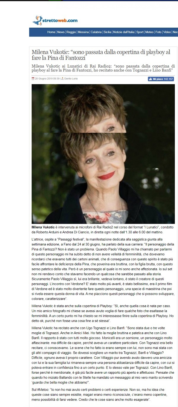 Milena Vukotic “Sono passata dalla copertina di playboy al fare la Pina di Fantozzi"