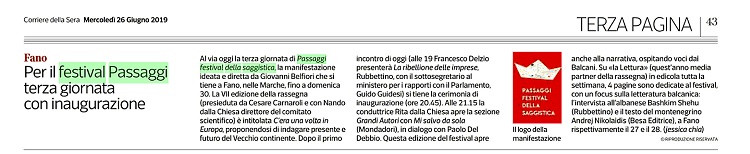Corriere della Sera / Per il festival Passaggi terza giornata con inaugurazione