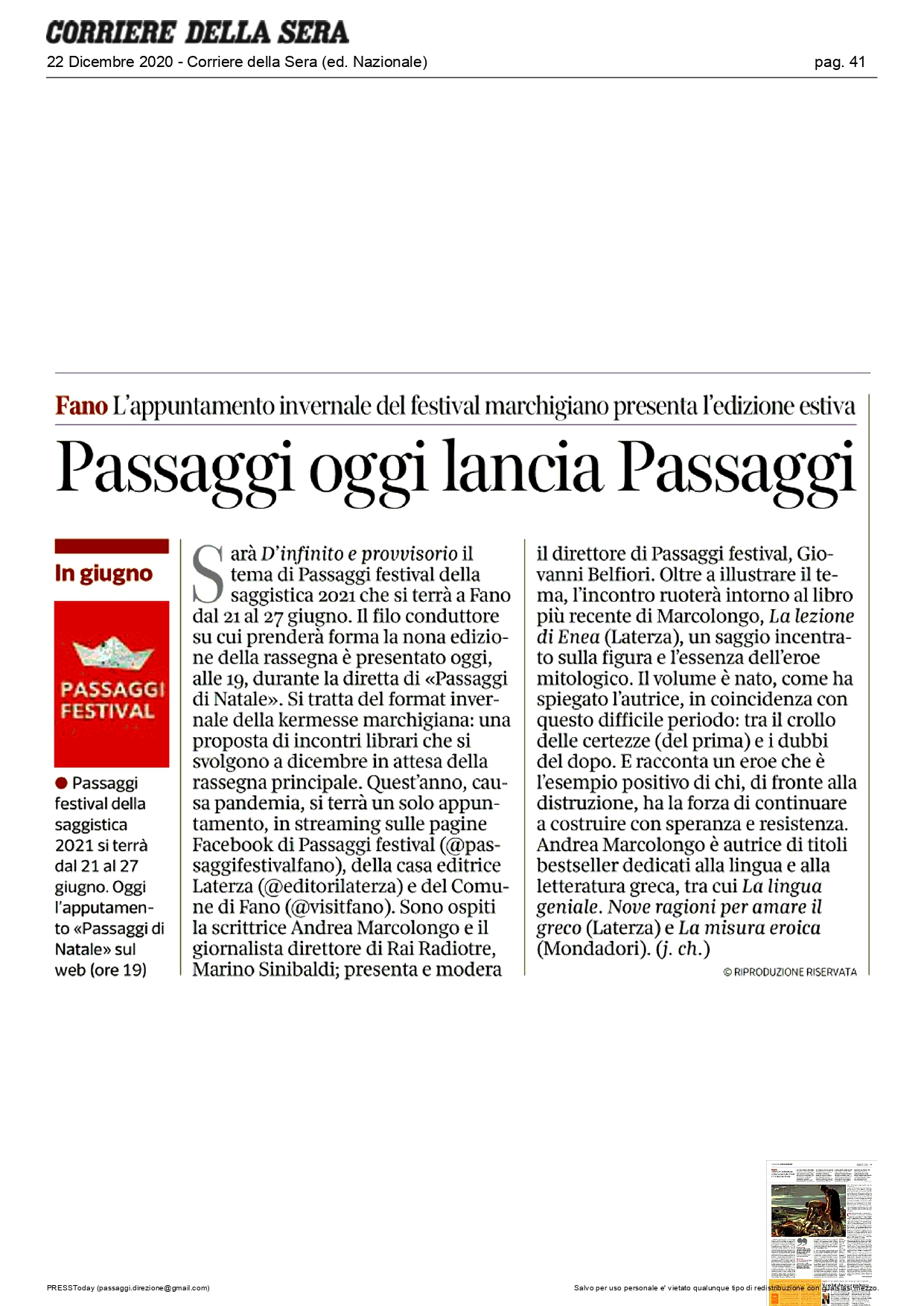 Corriere della Sera - Passaggi oggi lancia Passaggi - 22 dicembre 2020