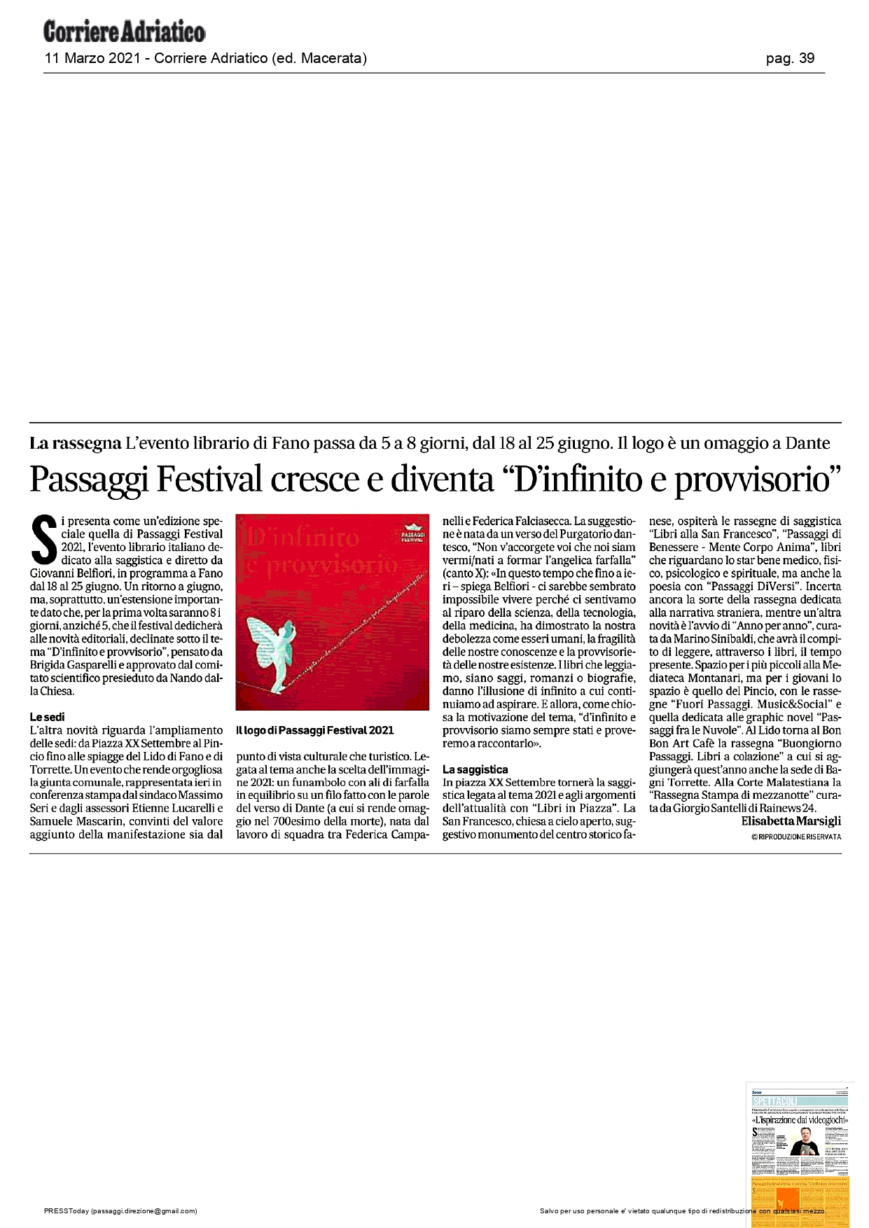 Corriere Adriatico - Passaggi Festival cresce e diventa "D'infinito e provvisorio" - 11 Marzo 2021