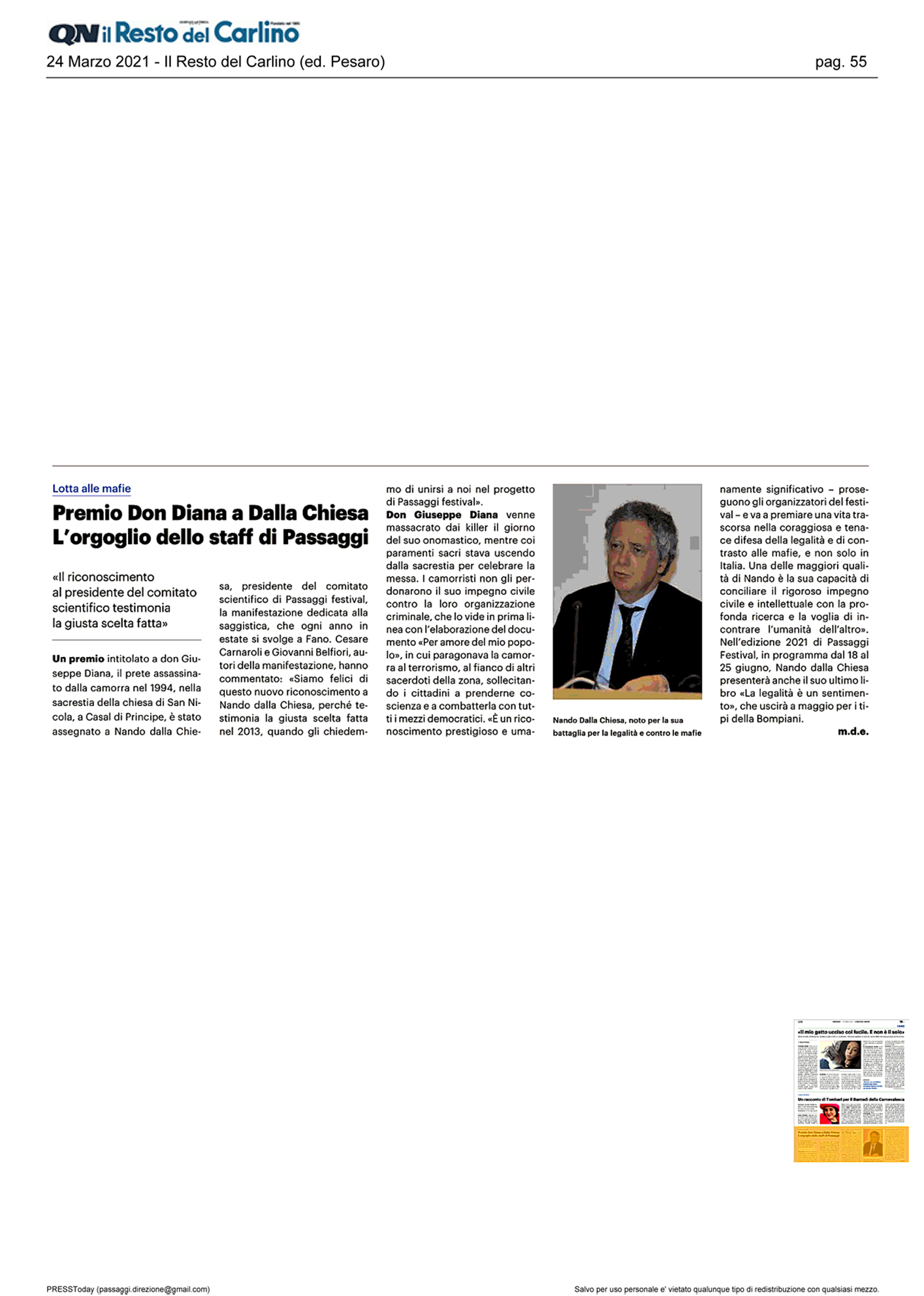 Il_Resto_del_Carlino_premio_don_diana_a_dalla_chiesa_l_orgoglio_dello_staff_di_passaggi